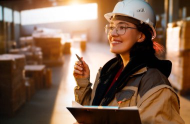 Beyaz şapkalı genç kadın depoda çalışıyor.