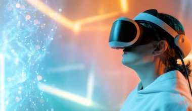 Metaverse teknoloji konsepti. Sanal gerçeklik gözlüklü kadın. Gelecekçi yaşam tarzı.