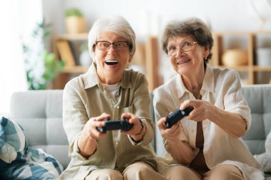 Evde konsol oyunu oynayan iki yaşlı bayan arkadaş ya da kız kardeş.