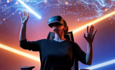 Metaverse teknoloji konsepti. Sanal gerçeklik gözlüklü kadın. Gelecekçi yaşam tarzı.