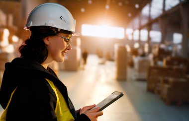 Beyaz şapkalı genç kadın depoda çalışıyor.