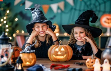 Cadı kostümlü iki kız Cadılar Bayramı 'nı kutluyor. Balkabaklı çocuklar