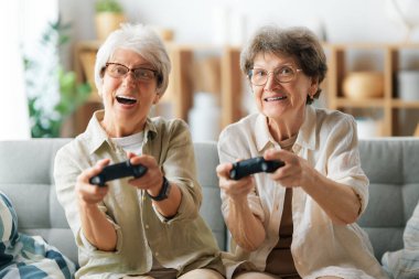 Evde konsol oyunu oynayan iki yaşlı bayan arkadaş ya da kız kardeş.