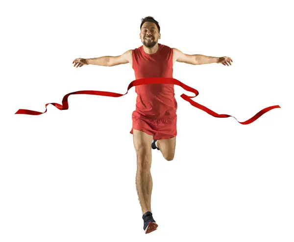 Futó Nyer Fehér Háttérrel Átlépi Célvonalat Sport Fitness Motiváció Stock Kép