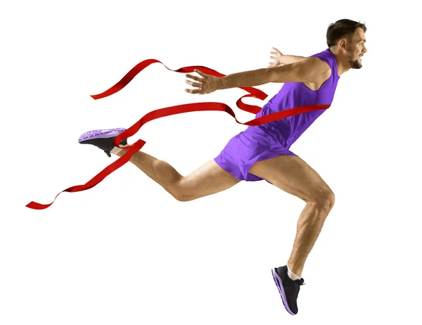 Koşucu Bitiş Çizgisini Beyaz Arka Planda Geçerek Kazanır Spor Spor Stok Fotoğraf