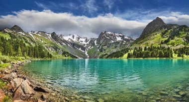 Panoramic view of a beautiful turquoise lake in Altai mountains clipart