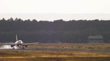 Passenger plane landing and braking at sunset. View of the airfield. Airliner arrival, long shot. Tourism and travel concept.