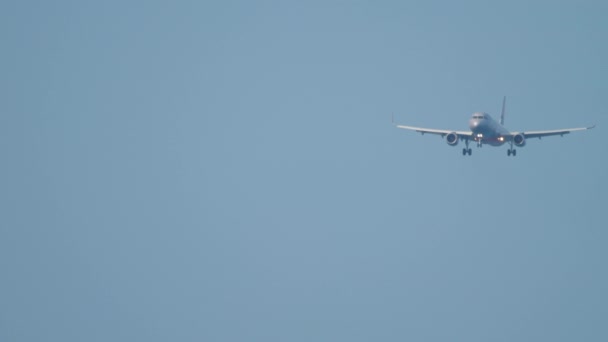 Footage Jet Passenger Airliner Approaching Land Blue Sky Long Shot — 비디오