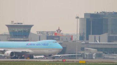 MOSCOW, RUSSIAN FEDERATION - JULY 28, 2021: Huge aircraft Boeing 747 of Korean Air Cargo taxiing at Sheremetyevo Airport. Jumbo jet on the taxiway