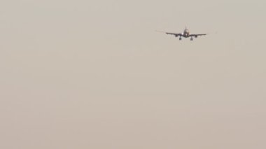 Jet plane approaching for landing at sunset, front view. Tourism and travel concept.