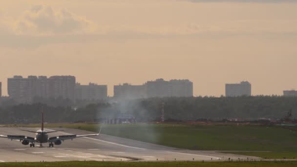 Passenger Jet Airplane Braking Landing Rear View Flaps Deceleration Aircraft — Stok video