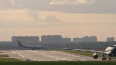 MOSCOW, RUSSIAN FEDERATION - SEPTEMBER 12, 2020: Rear view, Airbus A330 of Aeroflot departure at Sheremetyevo Airport. Commercial jet aircraft on the runway. Airliner ready to take off