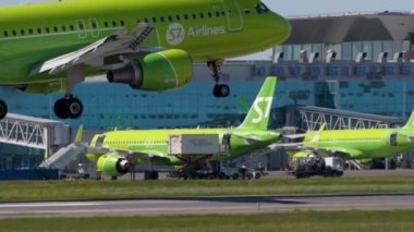 NOVOSIBIRSK, RUSSIAN FEDERATION - JUNY 12, 2022: Airbus A320, RA-73407 of S7 Airlines landing, arriving at Tolmachevo airport, slow motion. Tourism and travel concept