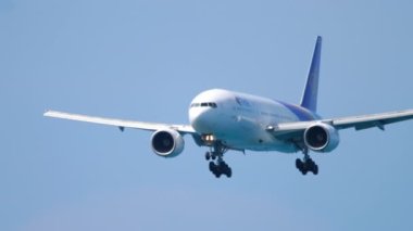 PHUKET, THAILAND - NOVEMBER 28, 2019: Widebody plane Boeing 777 of Thai Airways landing at Phuket airport. Airplane flies, landing gear extension and descent. Tourism and travel concept