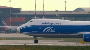 MOSCOW, RUSSIAN FEDERATION - JULY 30, 2021: Transport carrier of AirBridgeCargo taxiing at Sheremetyevo airport. Jumbo jet on the airfield. Cargo huge double-deck aircraft on the taxiway