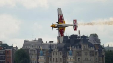 KAZAN, RUSSIAN FEDERATION, JUNE 15, 2019: Sports plane performing risky dangerous stunts in the air. Red Bull Air Race