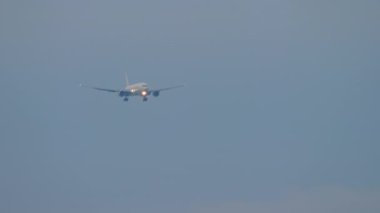 Passenger airliner approaching for landing, long shot. Unrecognizable plane in the sky, front view. Tourism and aviation concept
