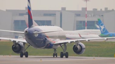 MOSCOW, RUSSIAN FEDERATION - JULY 28, 2021: Passenger Board of Aeroflot taxiing at Sheremetyevo airport. Civil aircraft on the taxiway. Tourism and travel concept