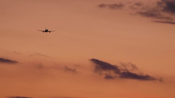 Long Shot Rear View Silhouette Airplane Flying Away Sunset Cinematic — Stockvideo