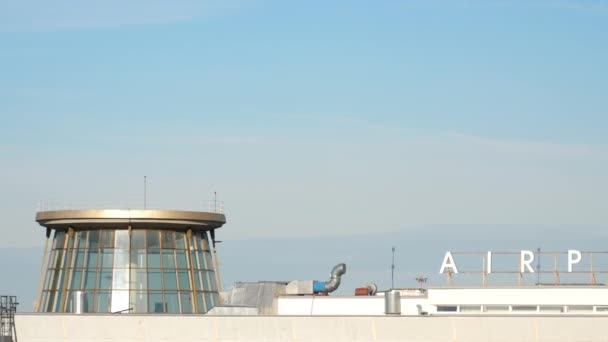 Long Shot Unrecognizable Aircraft Taking Climbing Control Tower Foreground Airport — Vídeo de Stock