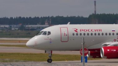 MOSCOW, RUSSIAN FEDERATION - JULY 29, 2021: Footage of passenger jet airplane of Rossiya taxiing to Sheremetyevo airport. Tourism and travel concept