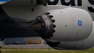 NOVOSIBIRSK, RUSSIAN FEDERATION - JUNE 10, 2020: Boeing 747 Cargolux departure at Tolmachevo airport. Close shot of jumbo jet. Freight transport carrier