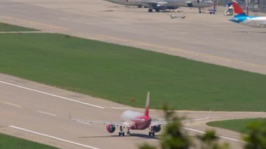 SOCHI, RUSSIA - JULY 29, 2022: Passenger plane of Rossiya airline departure at Sochi airport. Jet plane speed up