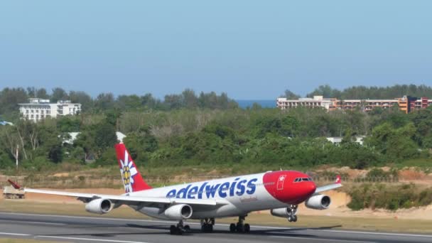Phuket Thailand February 2023 Jet Plane Airbus A340 Jme Edelweiss — Stock Video