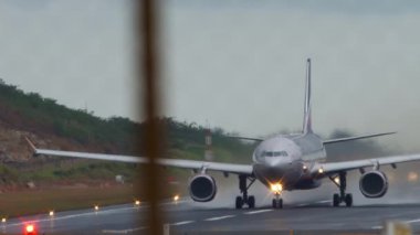 PHUKET, THAILAND - JANUARY 25, 2023: Front view of jet passenger plane Airbus A330-343, RA-73787 of Aeroflot take off, departure. Airplane, flight fly away