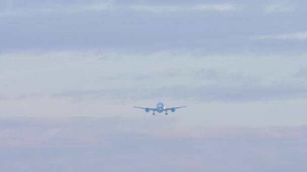 飞机在天空中的轮廓 身穿蓝色制服的喷气式飞机着陆 前视镜远射 飞机飞行的镜头 — 图库视频影像