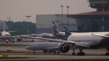MOSCOW, RUSSIAN FEDERATION - JULY 29, 2021: Widebody aircraft Boeing 777 of Aeroflot speed up before takeoff of Sheremetyevo airport. Tourism and travel concept
