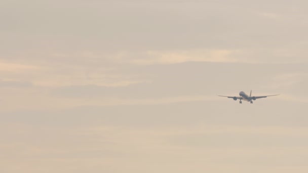 无法辨认的喷气式飞机接近着陆 飞机在天空中的影像 旅游和旅行概念 飞机轮廓图 — 图库视频影像
