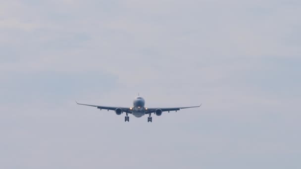 着陸に近づいているジェット航空機 飛行機の飛行 青空の背景 航空会社のシルエットが下降 旅行のコンセプト — ストック動画