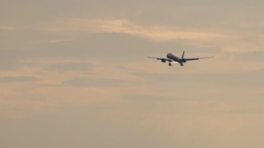 Ticari uçak iniş için yaklaşıyor. Güzel pembe gökyüzünde bir uçak görüntüsü. Gün batımında ya da gün doğumunda uçak. Turizm ve seyahat konsepti. Uçak Silueti
