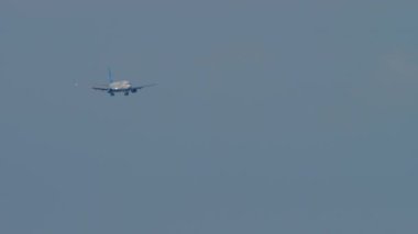 SOCHI, RUSSIA - 30 Temmuz 2022: uçak düşüş, yaklaşım, ön görüş. Pobeda Havayolları 'nın ticari uçağı Boeing 737 Sochi havaalanına iniyor. Turizm ve seyahat kavramı