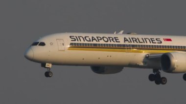 BANGKOK, THAILAND - Mart 01, 2023: Boeing 787-10 Dreamliner, 9V-SCM Singapur Havayolları, Bangkok, Suvarnabhumi Havaalanına indi. Gün batımında havaalanı, yan görüş. Turizm ve seyahat kavramı