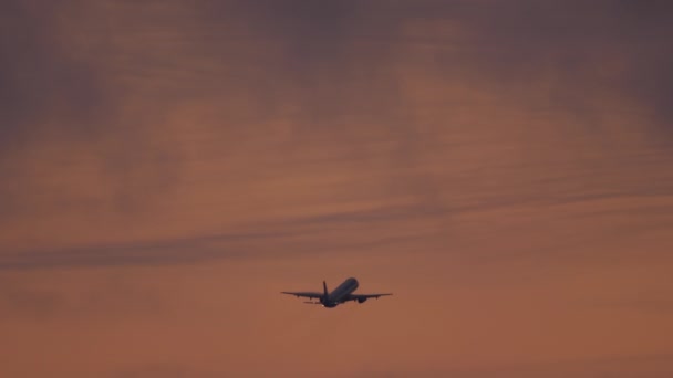 Кадри Літаків Літають Злітають Вночі Пасажирський Літак Відправлення Заході Сонця — стокове відео
