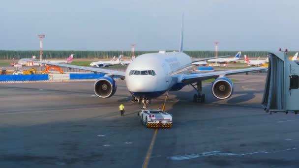 ドモドヴォ空港でトランセロボーイング777の飛行機を引っ張るトラクター エプロンに乗った旅客機 飛行機は離陸する準備ができています 観光と旅行のコンセプト — ストック動画