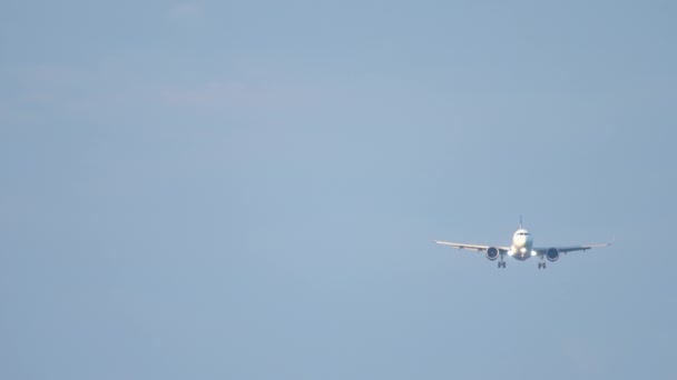 착륙에 접근하는 비행기의 하늘에 비행기 — 비디오