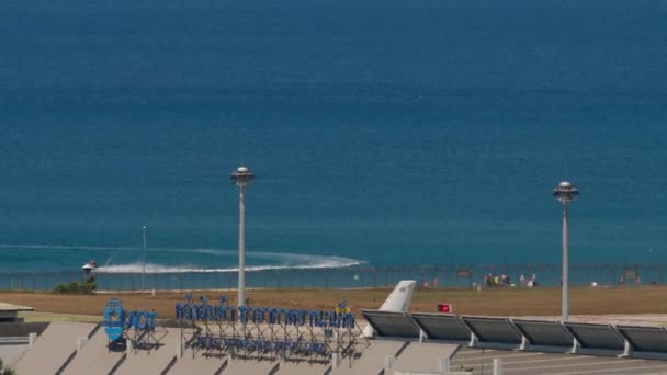 View Terminal Window Airfield Long Shot Jet Ski Speeding Sea — Stock Video