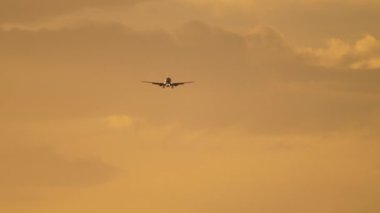 Jet uçağı parlak günbatımında gökyüzüne inmek için yaklaşıyor. Gökyüzünde tanımlanamayan bir uçak var. Sineklerin sinematik çekimi, güzel gün batımı.