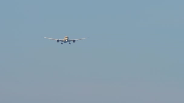 Střela Osobní Letadlo Blíží Přistání Letadlo Nepoznatelnou Livrejí Klesající Modrou — Stock video