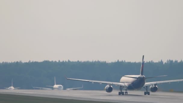 Jet Passagiersvliegtuig Met Onherkenbaar Livrei Opstijgen Achteraanzicht Het Vliegtuig Stijgt — Stockvideo