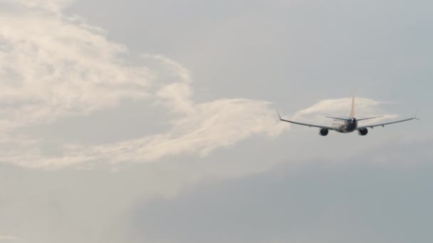 認識できない肝臓を持つジェット機は 曇った空で離陸した後に高度を獲得します 飛行機 リアビュー 観光と旅行のコンセプト — ストック動画