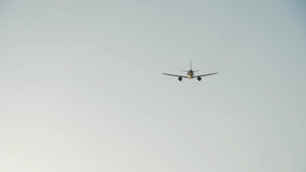 Avião Voa Para Longe Luz Fundo Visão Traseira Tiro Longo — Vídeo de Stock