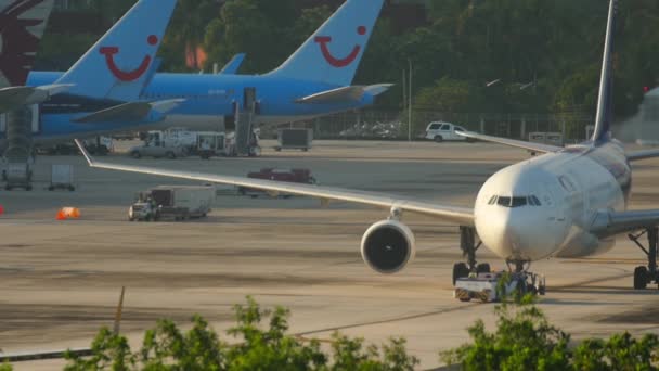 プーケット空港の飛行場でのThaiの飛行機 飛行機のトーイング 飛行前のメンテナンスとその尾の航空機 — ストック動画