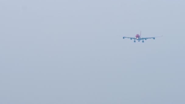 プーケット空港に着陸する飛行機 飛行機が飛ぶ フロントビュー 飛行機が到着した ジェットが近づいてる ロングショット 観光と旅行のコンセプト — ストック動画