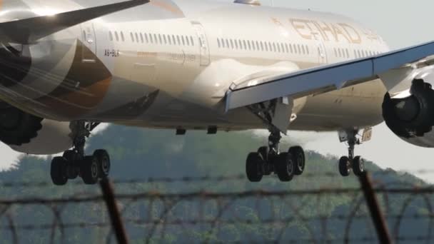 Phuket Thailand February 2023 ボーイング787ドリームライナーエティハド航空が着陸し ブレーキをかけた映像 バックライトのシャーシの煙 — ストック動画