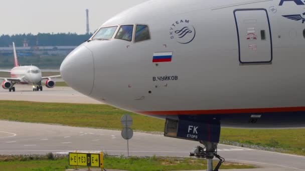 Moskva Ruská Federace Června 2021 Detailní Záběr Boeing 777 Aeroflotu — Stock video