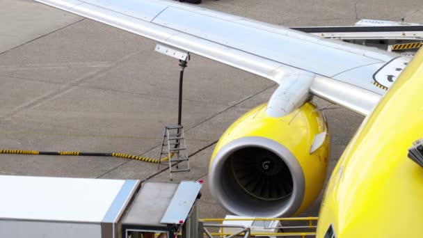 Dusseldorf 2017年7月23日 飞机加油的镜头 从Tui Fly客机航站楼窗口看飞行前服务 — 图库视频影像